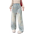 thumbnail image 3 of GobdXE Girls' Embroidered Wide Leg Denim Jeans with Elastic Waist Blue,13-14 Years, 3 of 9