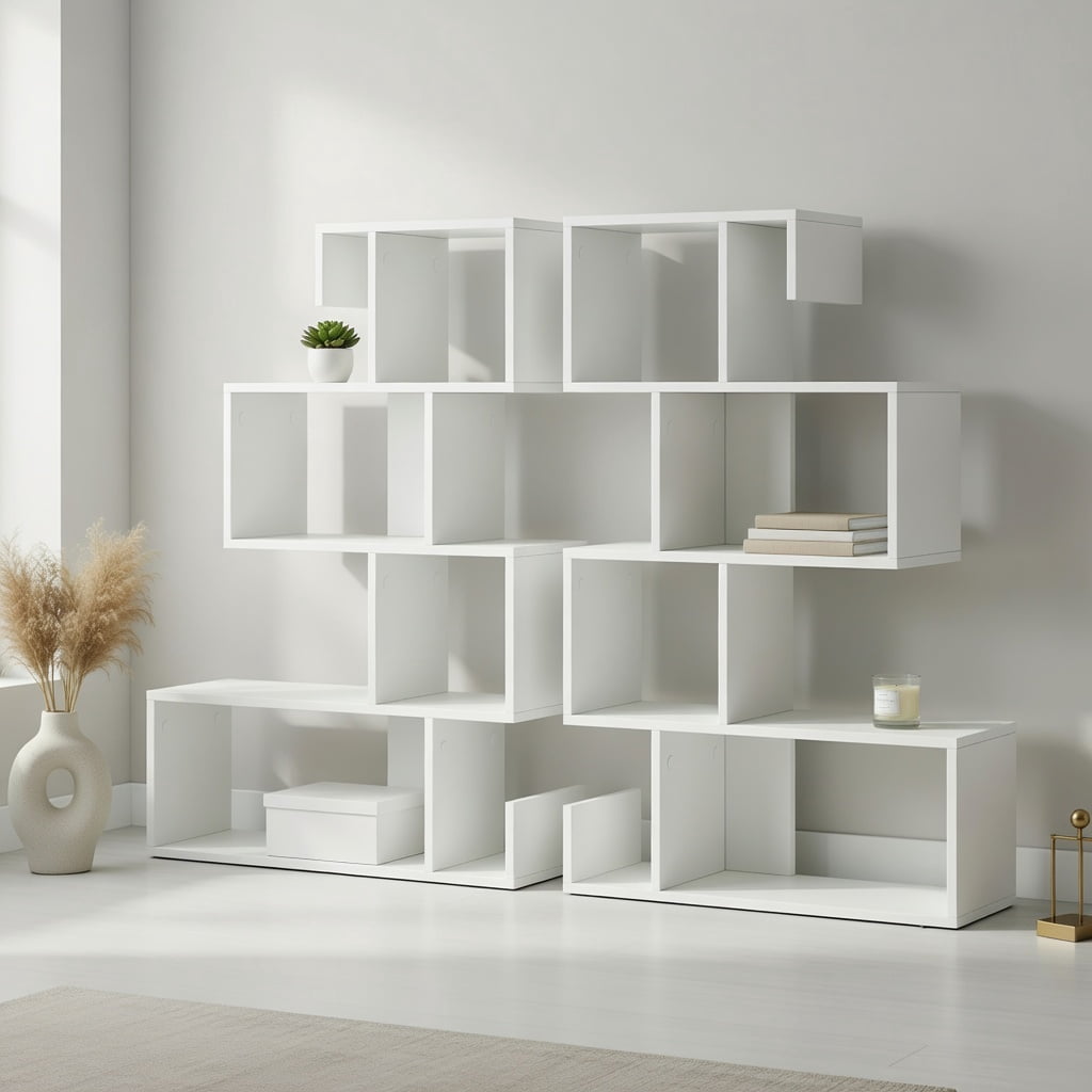 Demi Bonn 5-Tier S-Shaped Bookshelf Geometric Z-Shelf Bookcase with Open Cubes, White