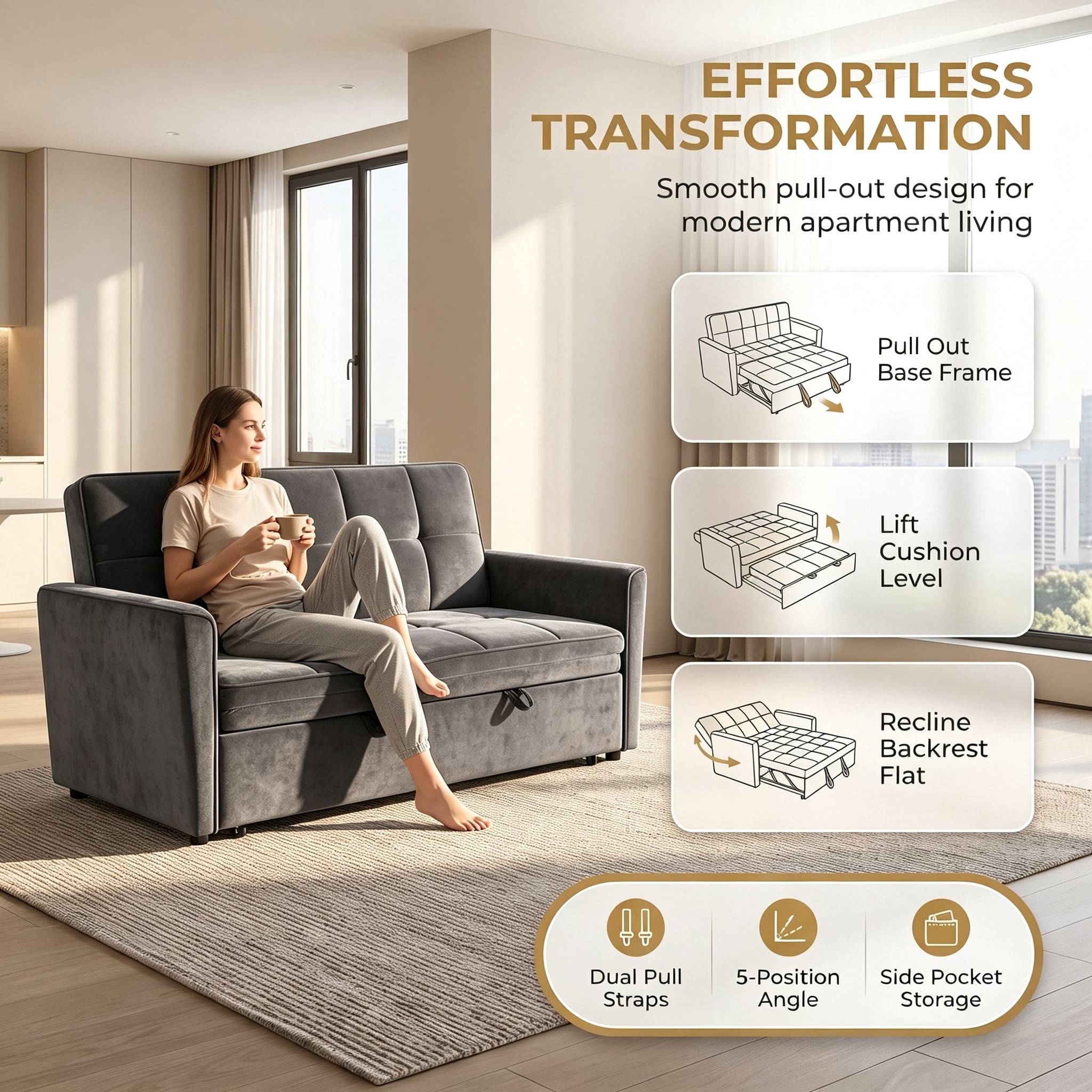 54" Convertible Sleeper Sofa Bed, Modern Velvet 3-in-1 Pull Out Loveseat Couch with 5-Position Backrest & Side Storage Pocket for Living Room, DarkGray