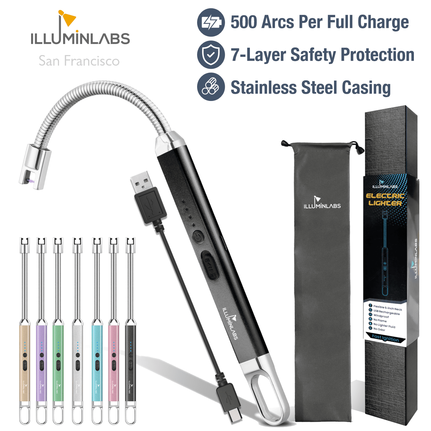 Illuminlabs Electric Lighter - USB Rechargeable Long Grill Lighter with Flexible Neck, Windproof Flameless Plasma Lighter, Arc Lighter for Camping, Cigarettes and Stove, Silver - Walmart.com