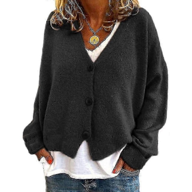 Womens Sweater Knitted Casual V-neck Solid Color Cardigan Sweater