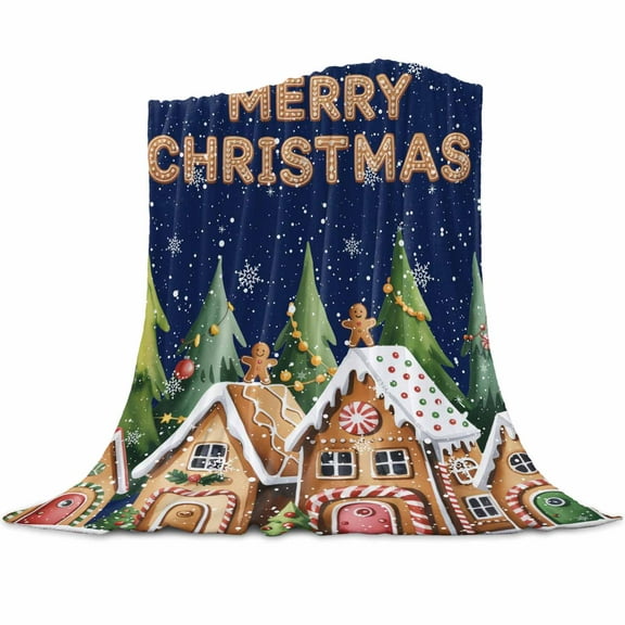 Merry Christmas Flannel Blanket for Bed,Travel and Camping, Gingerbread House Green Tree Winter Snow Navy Super Soft Cozy Blanket for All Seasons 32"x48"