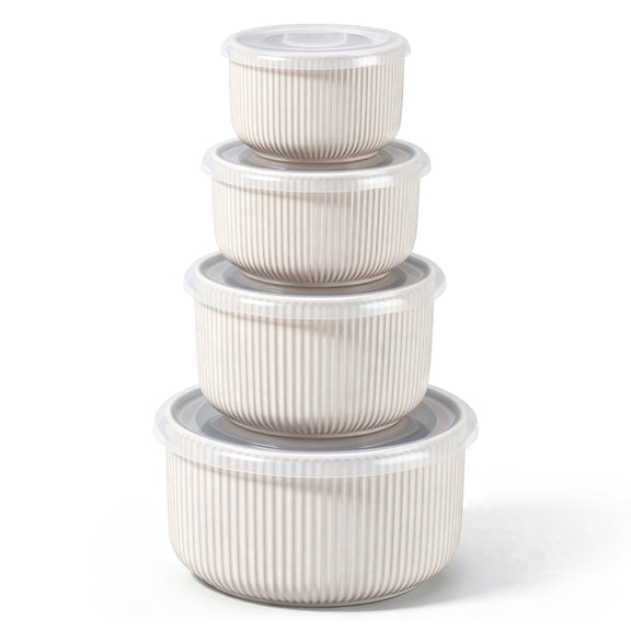 Vesteel Serving Bowls with Lids Set of 4, Ribbed Ceramic Mixing Bowls, Nesting Bowls for Food Storage Prep Salad, 10 / 20 / 35 / 60 OZ, Microwave & Dishwasher Safe, Shell White