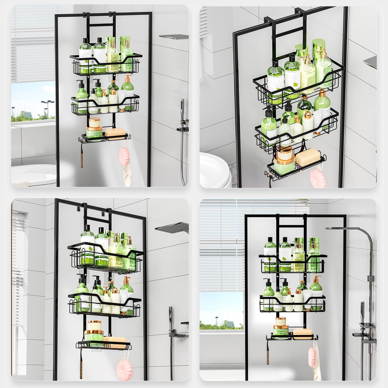 Bxaolu Over The Door Shower Caddy - 3 Tier Shower Shelves Hanging with Soap Holders, Shower Organizer with 4 Hooks, Bathroom Rack and Storage, Black