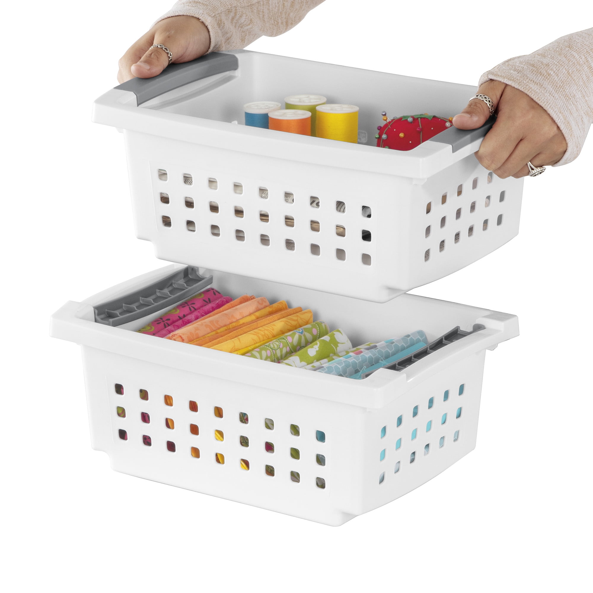 Sterilite 16608008 Small Stacking Basket With Titanium Accents, White (8 Pack)