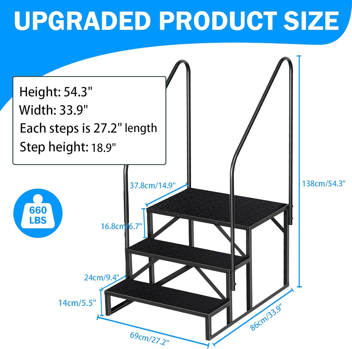 RV Step 3 Step Ladder, Upgrade RV Step with Handrails, Heavy Duty RV Stairs with Anti-Slip Pedal Hot Tub Steps, Removable Camper Step for Spa/Porch/Pet/Mobile Home
