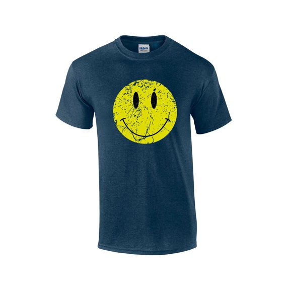 Retro Distressed Happy Face Smile Mens Short Sleeve T-shirt Graphic Tee-Heather Navy-6xl