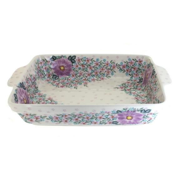 Blue Rose Polish Pottery Lilac Garden Baker with Handles