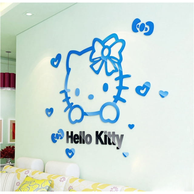 Calcomanía de pared 3D de acrílico estéreo de tamaño mediano con diseño de gato de Hello Kitty para habitación infantil, dormitorio, mesita de noche, color azul cielo y negro