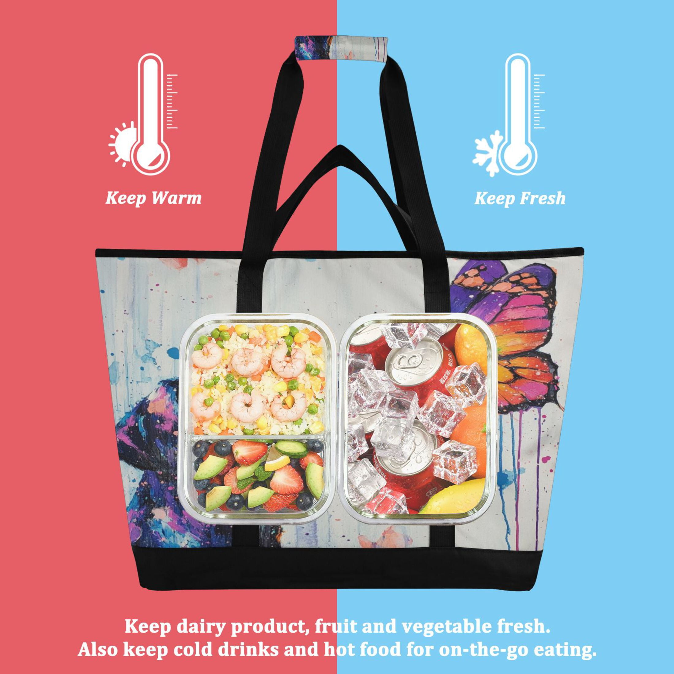 Large Hand-held Ice Pack Picnic Bag Insulation and Refrigeration Suitable for Shopping Picnics and Camping Colorful Dogs and Butterflies