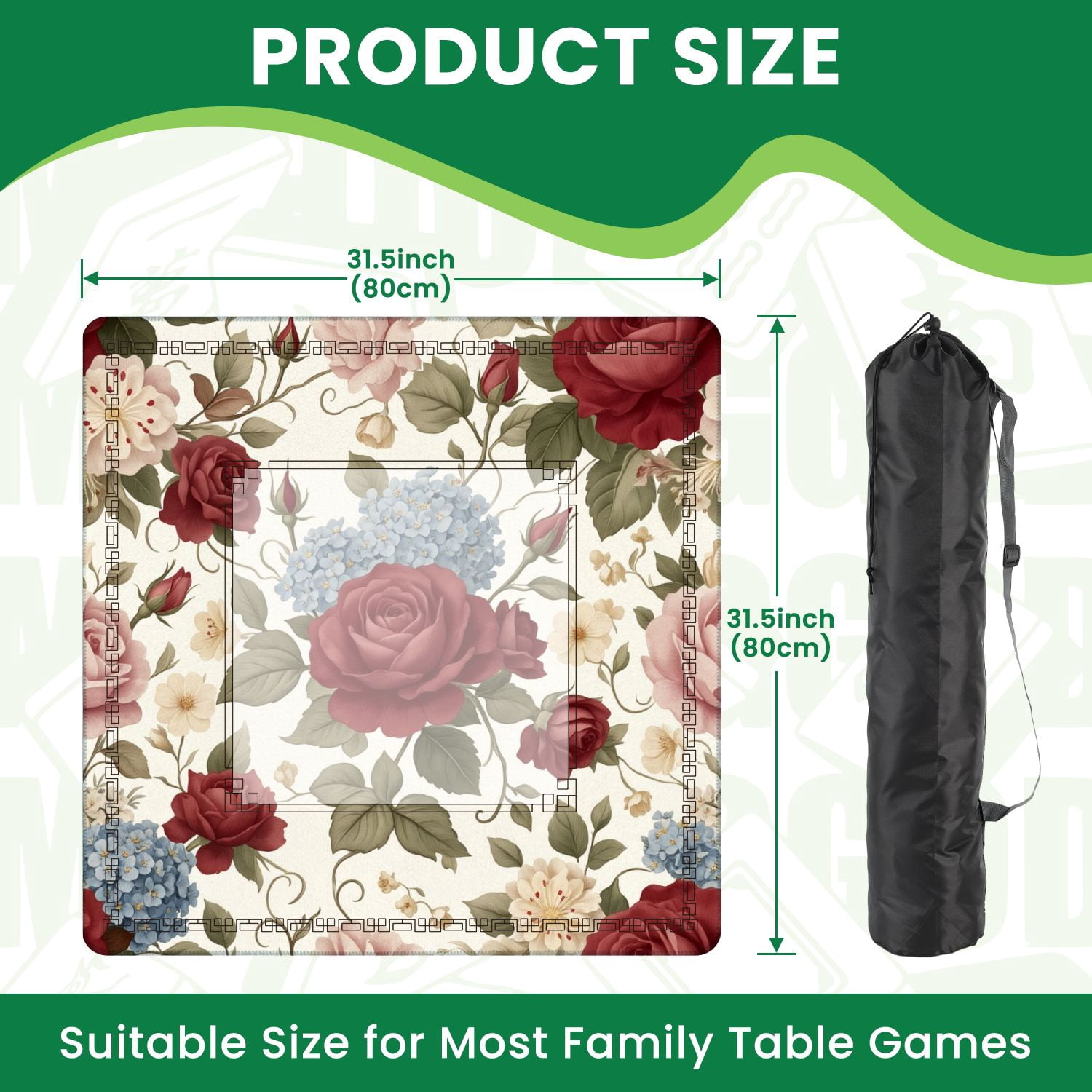 Mahjong Mat 31.5" x 31.5" Intricate Floral seamless red roses plumeria Flower Illuatration Non-Slip Noise Reduction American Mahjong Tiles Table Cover for Dominoes Poker Card Board Games Gift