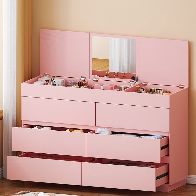 Ktaxon 6 Drawer Double Dresser with Mirrow Wood Dresser Storage Cabinet Drawer Organizer Chest of Drawers, Pink