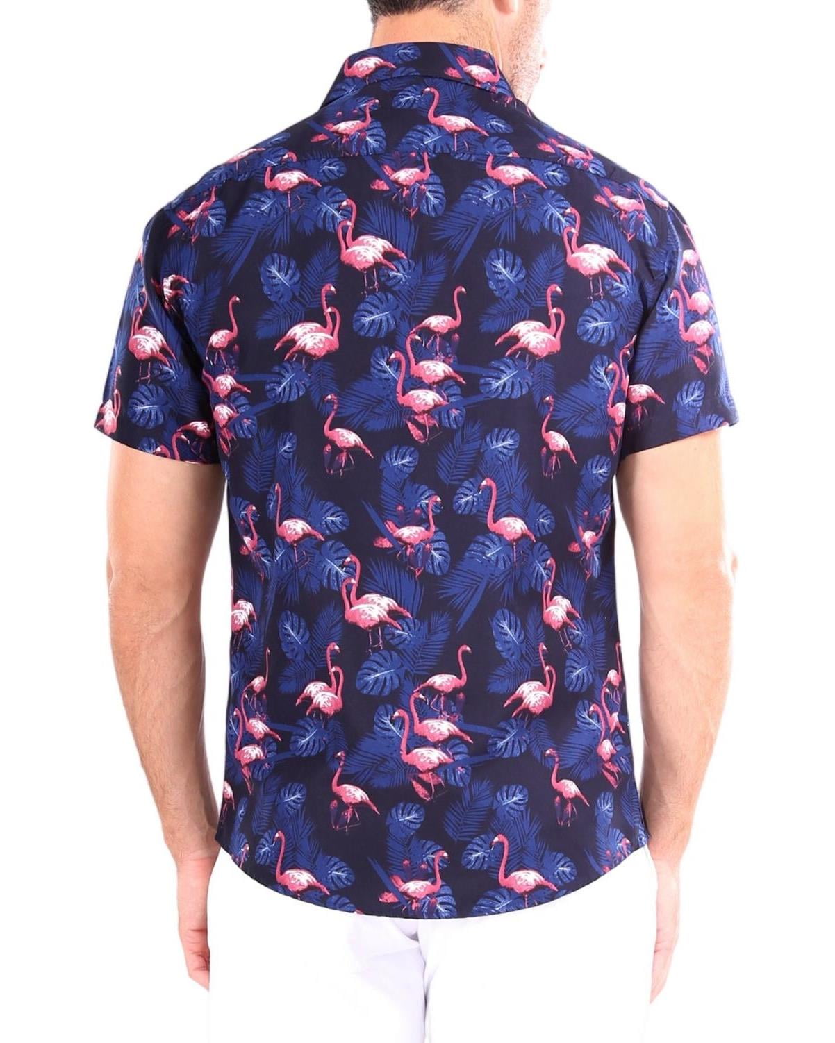 Navy Flamingo Button Up Short Sleeve Dress Shirt Navy Flamingo