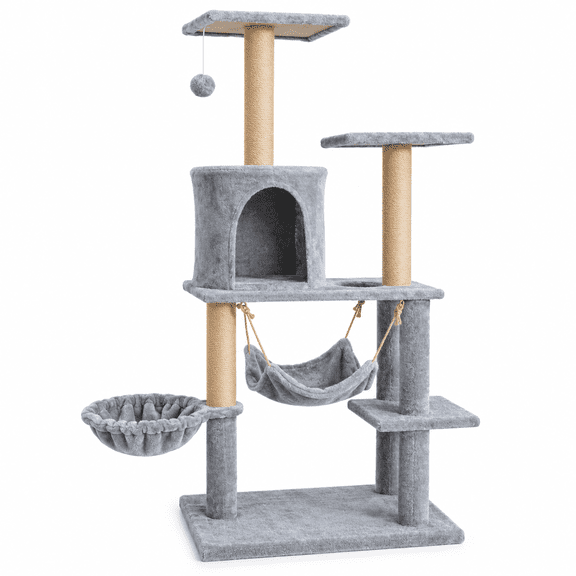 52-Inch Cat Tree Tower with Condo, Hammocks, Sisal Scratching Posts & Perches, Light Gray