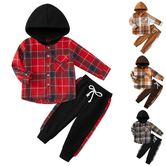 Popvcly Toddler Baby Boys Clothes Flannel Lattice Button Down Hoodied Tops  Pants Boys Fall Winter Outfits 12M-5T