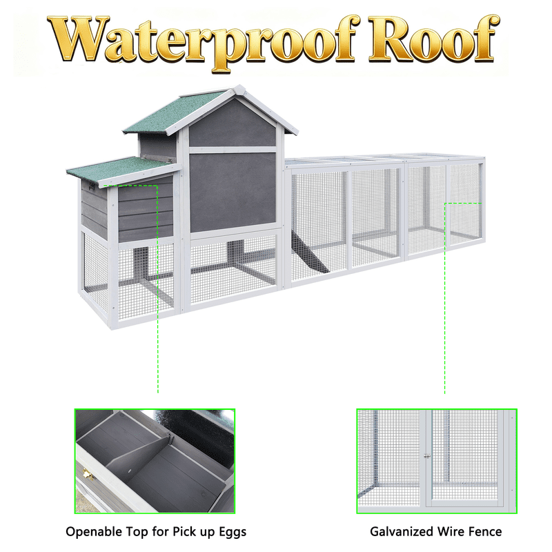 SDJPOI 122" Wooden Chicken Coop, Waterproof Roof Hen House with Nesting Box, Secure Locks, Removable Tray ,Wire Fence,Large Outdoor Run House Poultry Cage for 2-6 Chickens,Rabbits