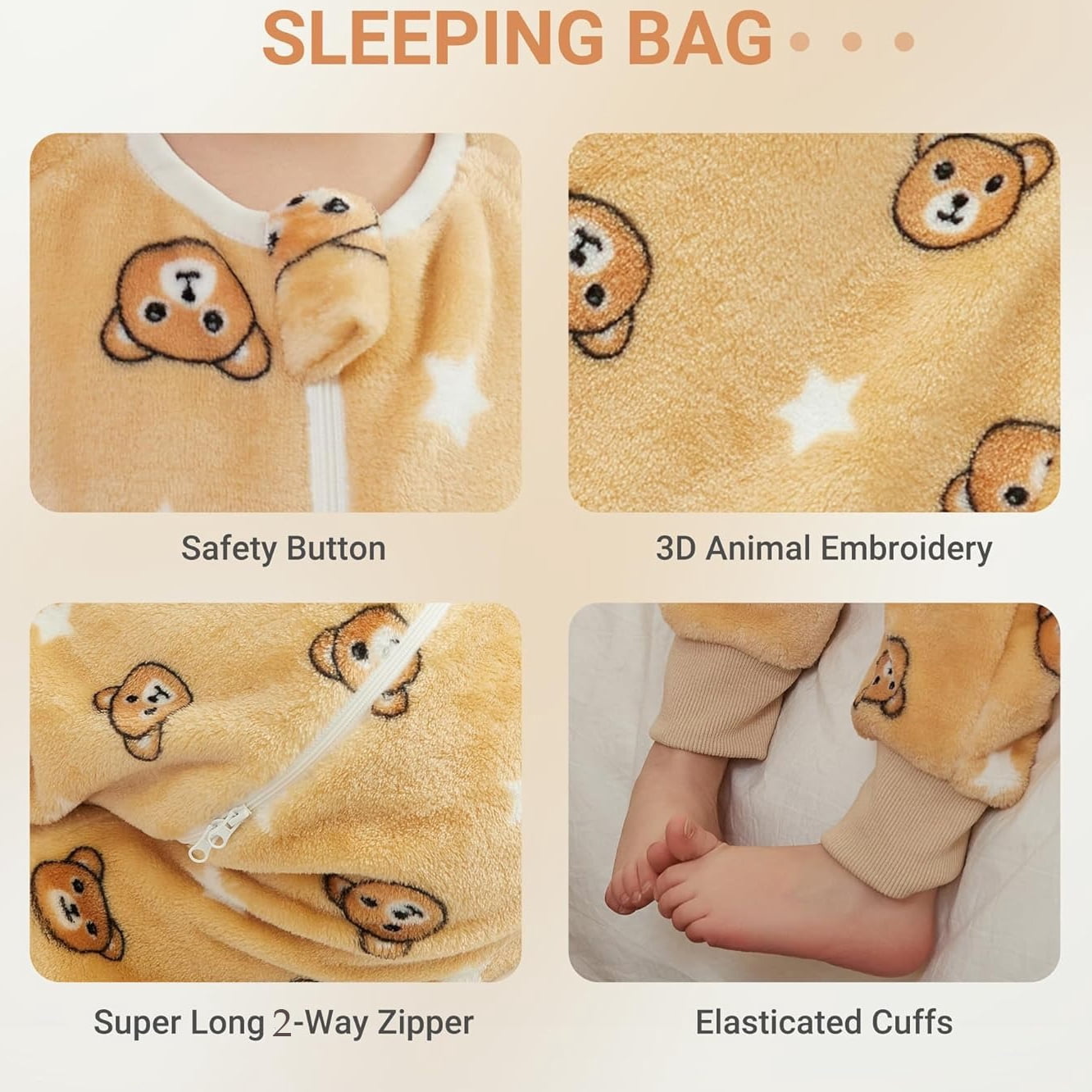 ATAIKU Toddler Sleeping Sack 9M-6T Winter Warm Flannel 2-Way Zipper Baby Sleep Sack with Feet, Infant Animal Bear Wearable Blanket
