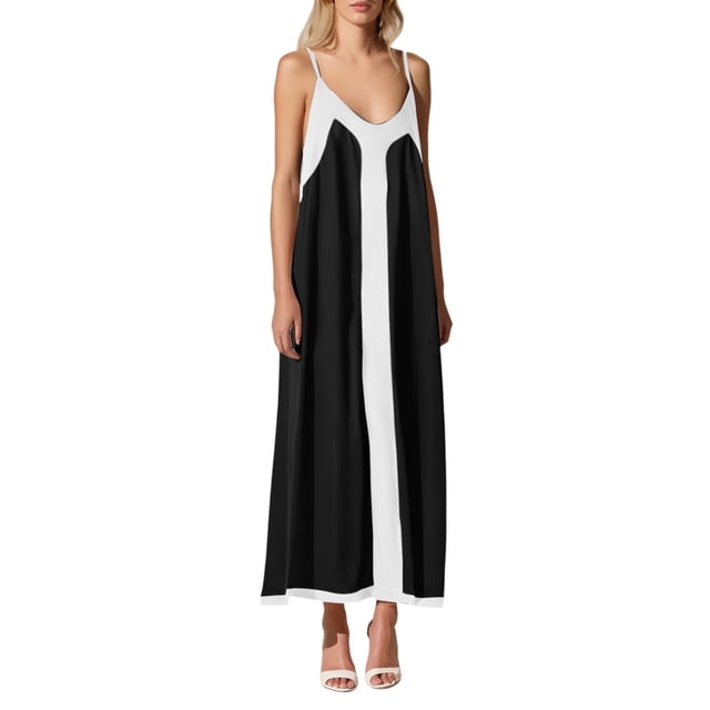 Youmylove Robe Chemise d'Été pour Femmes Robe Maxi Sans Manches Col en V Bretelles Spaghetti Fluide Élégante Robes de Fête de Vacances Robe Maxi Modeste Fluide