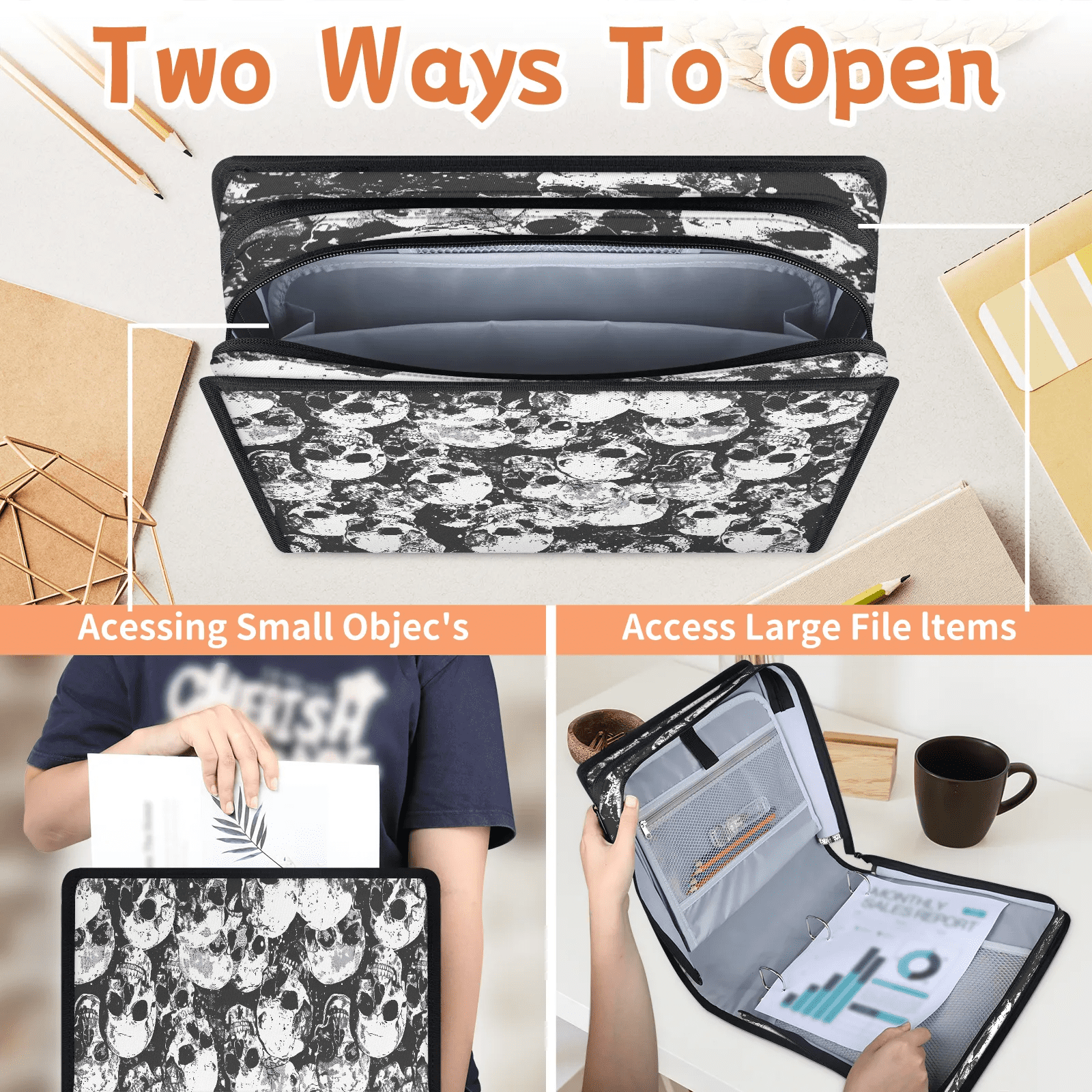 Herdesigns Sugar Skull Zipper Binder with Shoulder Strap, Waterproof 1.5 Inch 3 D-Ring Binder Organizer Bag, Fits 13 Inch Laptop for Work, Black White Skeleton