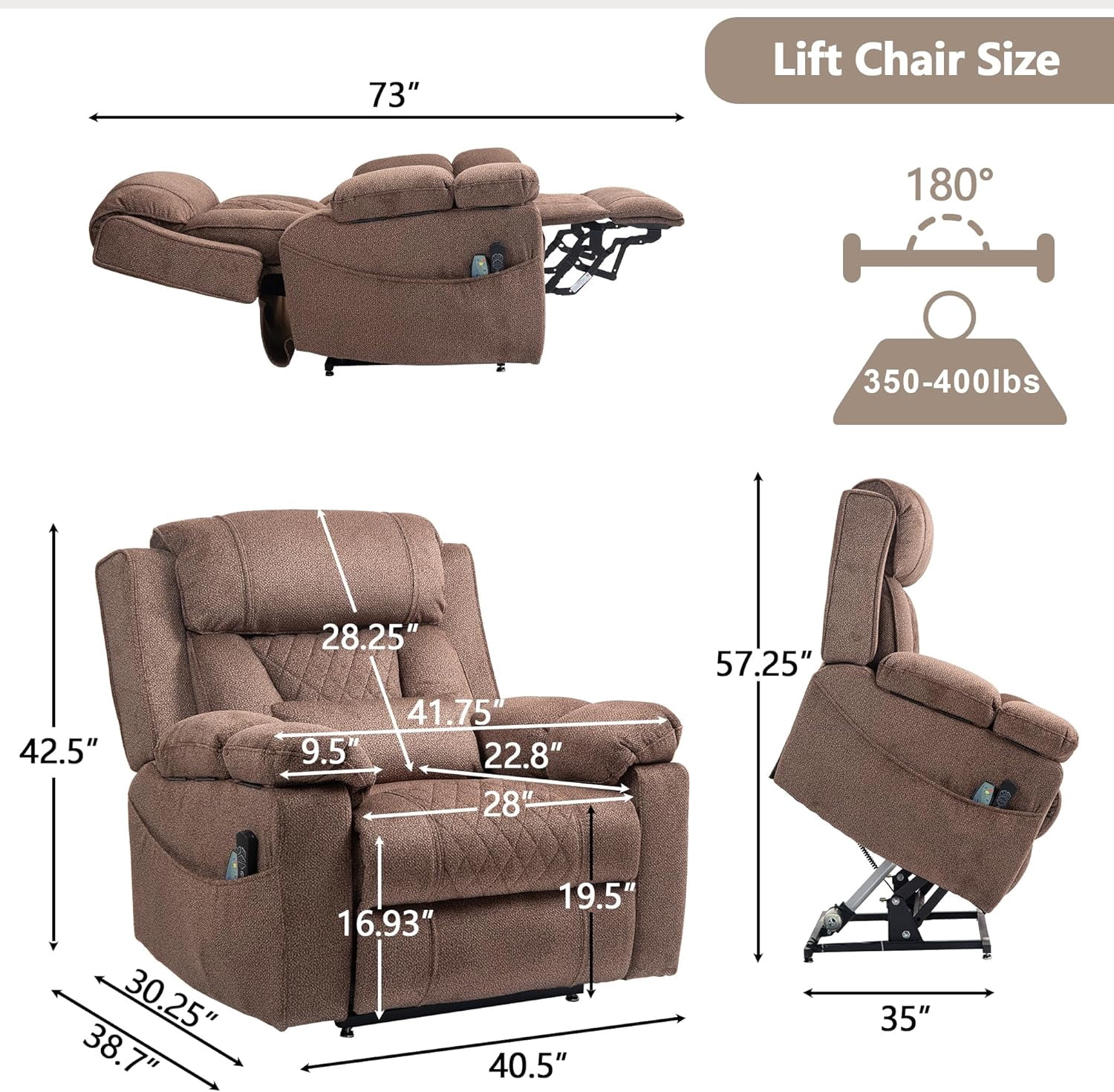 Big Man Power Lay Flat Lift Chair Oversized Recliner Dual Motor Heat Vibration for Elderly, Overstuffed Electric Extra Wide Recliners with Flip Arm Storage Cup Holders,USB Type C Charging