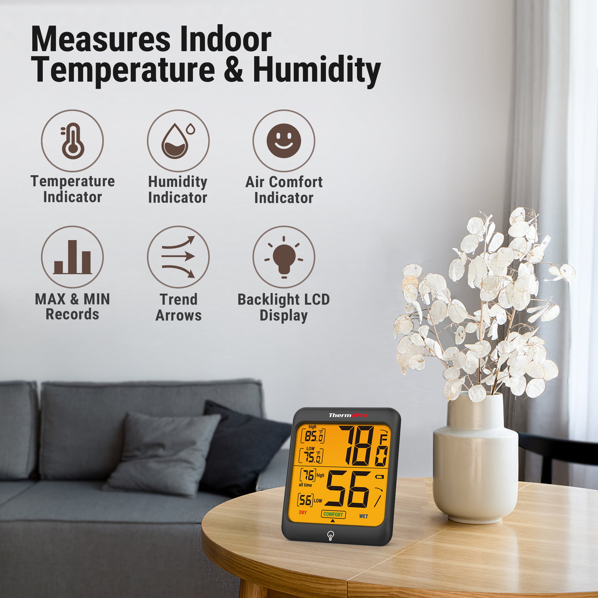 ThermoPro TP53 2 Pack Digital Hygrometer Indoor Thermometer for Home,  Temperature Humidity Sensor with Comfort Indicator & Max Min Records, Room