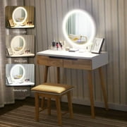 PULUOMIS Wood Makeup Vanity Table Set with 3 Modes Adjustable Lighted Mirror Cushioned Stool and Free Make-up Organizer