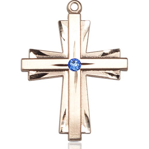 14kt Yellow Gold Cross Medal with 3mm September Blue Swarovski Crystal 1 1/4 X 7/8 inches