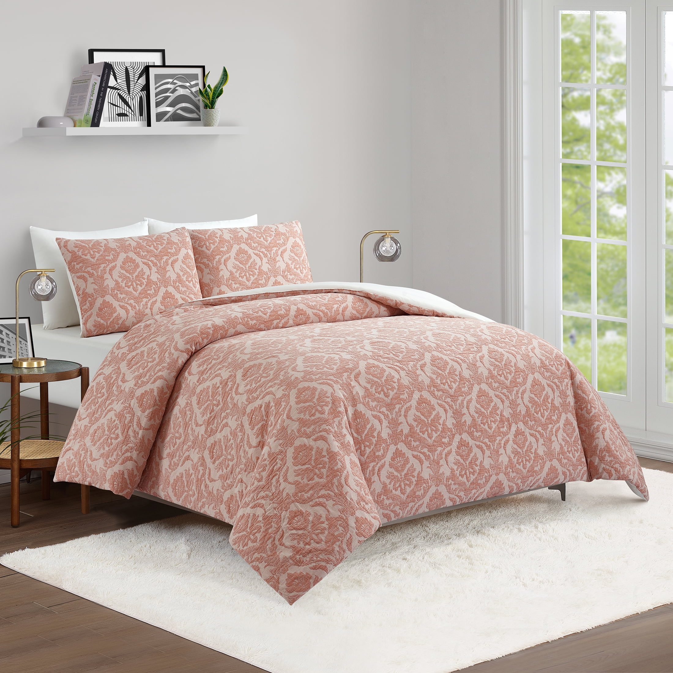 Better Homes & Gardens Woven Damask 3-Piece Comforter Set, Blush, King, All Ages