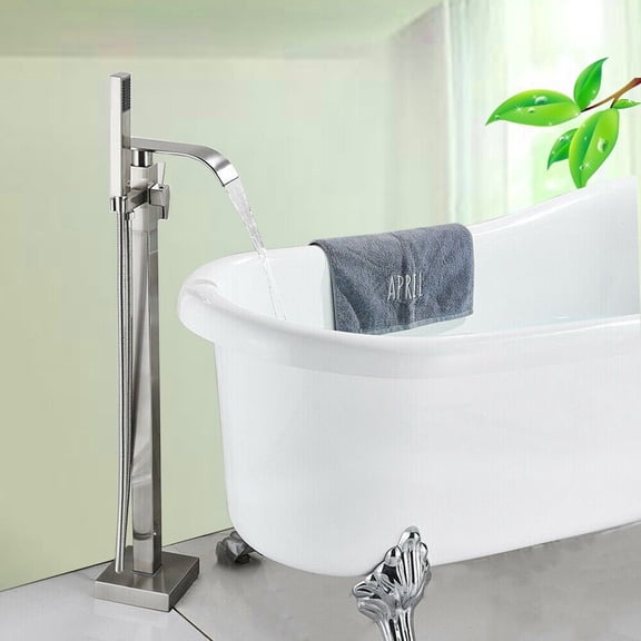 Brushed Nickel Freestanding Bathroom Bathtub Faucet Floor Mount Tub Filler Mixer System
