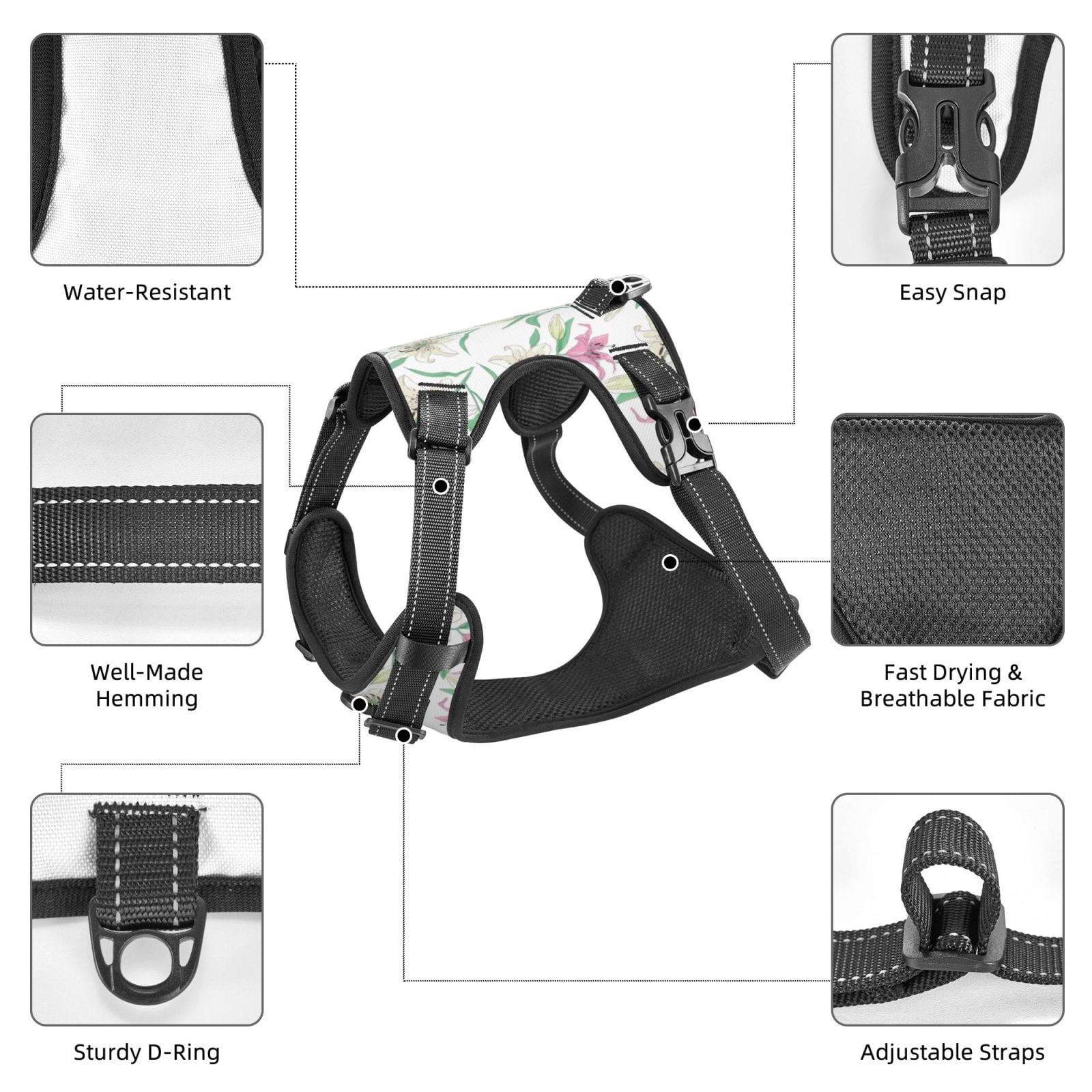 Fuzoiu Lilies Flowers Print Reflective Dog Harness,Adjustable, Breathable Pet Vest,Dog Harness No Pull,No Choke Pet Vest for Small, Medium, and Large Dogs-Small