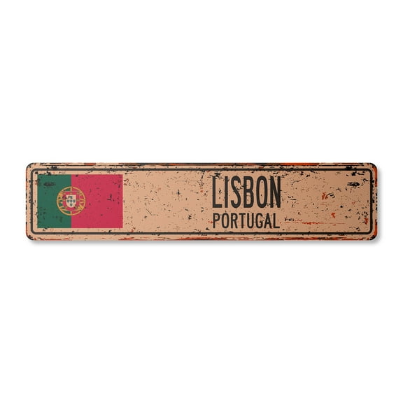 LISBON PORTUGAL Vintage Aluminum Street Sign Portuguese flag city country road rustic metal tin wall gift | Indoor/Outdoor | 18" Wide