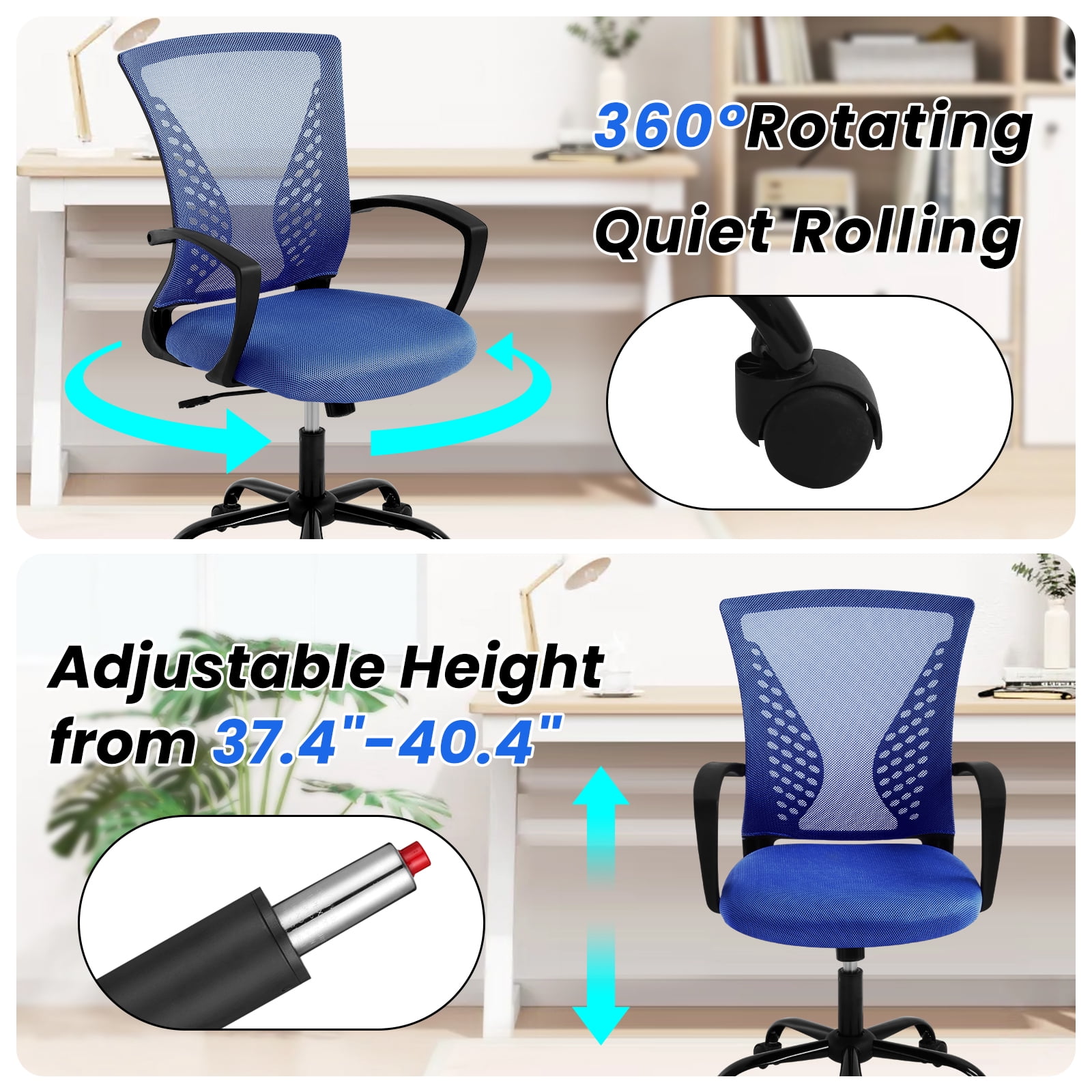 Dkelincs Office Desk Chair Adjustable Mesh Mid Back Office Chair Ergonomic Computer Chair with Lumbar Support & Wheels, Blue