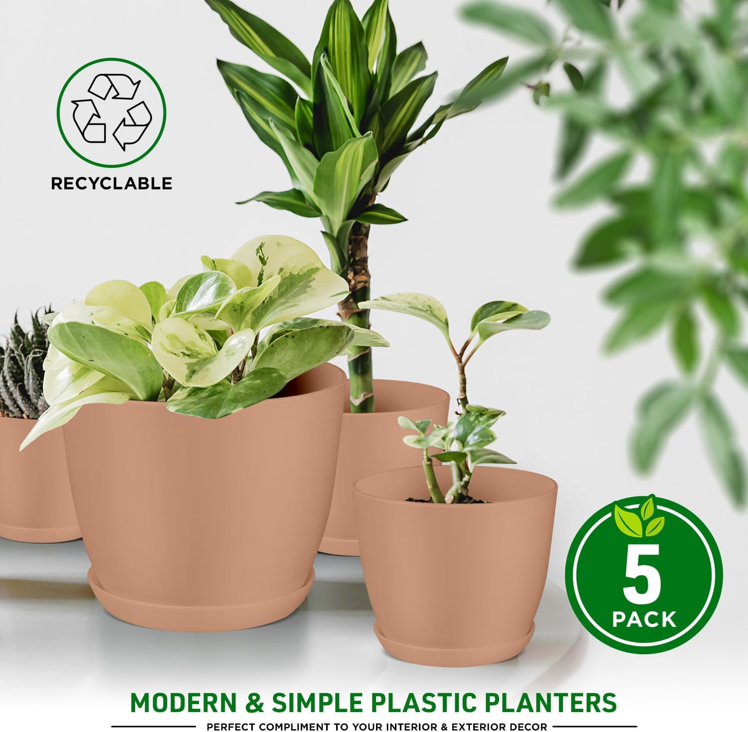 Lifemaster 5-Piece Pink Planter Pots with Drainage - Lightweight, Durable, Space-Saving Design for Indoor/Outdoor Use