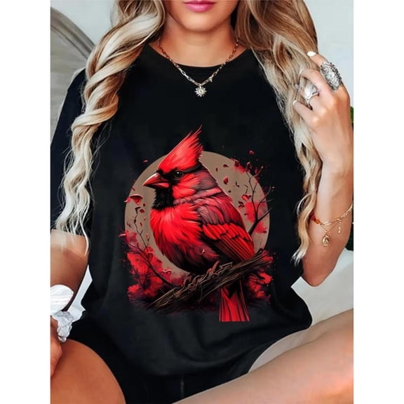 Vibrant Cardinal Graphic Tee, Tops Has Vivid Red Cardinal Design, Round Neck Regular Fit T - shirts, Size(S - 5XL)