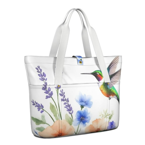 Tote Bag for Women - Hummingbirds and Flowers Shoulder Bag - Large Utility Work Duffle Bag with Zipper Handbag for Travel, Work, Sprots