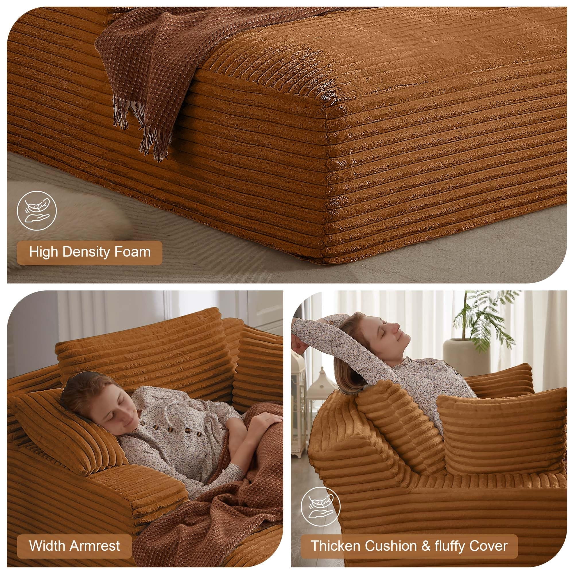 Aukfa 79" Extra Long Chaise Lounge Oversized Indoor Chair Boneless Couch for Living Room, 3Pillows, Orange