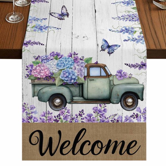 Table Runners 72 Inches Long Dress Scarves, Purple Flowers Farmhouse Kitchen/Dining Table Runner, Coffee Tablerunners, Weeping Spring Floral Truck Butterfly Wooden 18x72 Inch