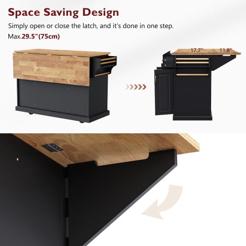 54 Inch Kitchen Island with Drop Leaf, Rolling Kitchen Cart on Wheels with Storage, 4 Doors & 3 Drawers, Farmhouse Style Mobile Island for Kitchen,Black