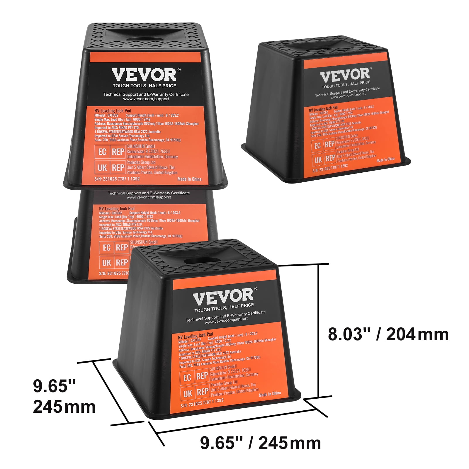 VEVOR Trailer Jack Block, 6000 lbs Capacity per RV Leveling Block, High-quality Polypropylene RV Camper Stabilizer Blocks, RV Travel Accessories Use for Any Tongue Jack, Post, Foot,5th Wheels,4-Pack