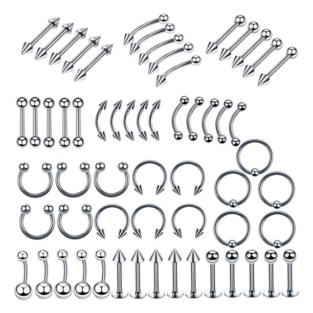 Kit de 60 piercings corporales de 16/14 g para lengua, trago, oreja, ceja, pezón, labio y nariz. 8mm