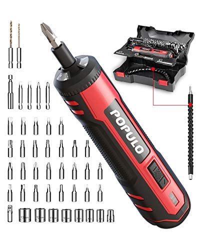 4V Cordless Electric Screwdriver Kit, USB Rechargeable Lithium Ion Battery, LED Work Light, 32 Pieces Screwdriver Bits, 8 Sockets, Flex Hex SHAFT, Bit