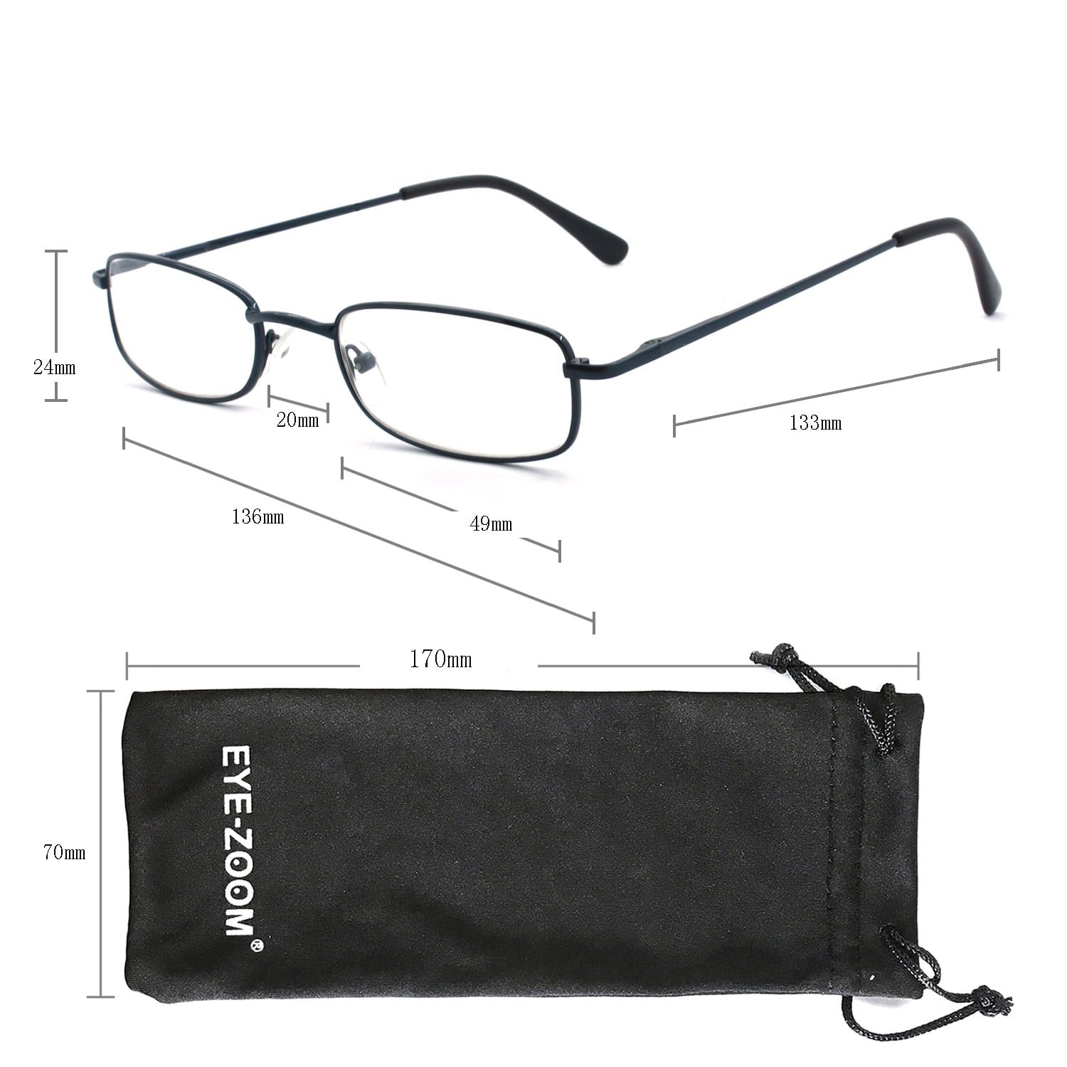 EYE ZOOM 5 Pairs Unisex Classic Rectangular Metal Frame Reading Glasses, Mul-color+2.00