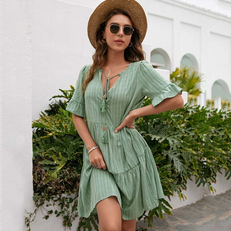 XVJRHAK Cute Summer Dresses Women Summer Dresses Short Sleeve V Neck Casual Loose Flowy Swing Shift Dresses Mid Length Green S
