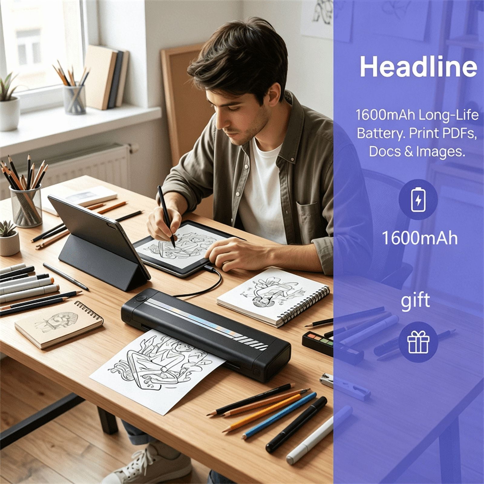 Portable Printer, A281 Inkless Printer, Bluetooth Wireless Printer, travel-friendly design. Compatible with 8.5 x 11 inches US letter and A4 thermal paper. Works with mobile phones and laptops.