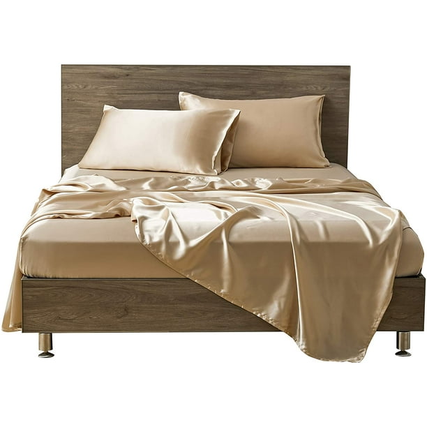 Mr Hm Satin Bed Sheets California King Size Set 4 Pcs Silky Bedding With 15 Inches Deep Pocket For Mattress Taupe Com Mr Hm Satin Bed Sheets California King, Can You Use King Size Bedding On A California Mattress