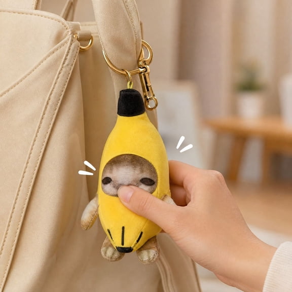 Talking Banana Cat Plush Keychain, Polyester Soft Bag Charm with Sound Feature, Hanging Cat Keychain for Bag and Backpack, Plush Keychain for Bag, Backpack, Desk, Gift Giving, Yellow, 7.09 in, 1pc