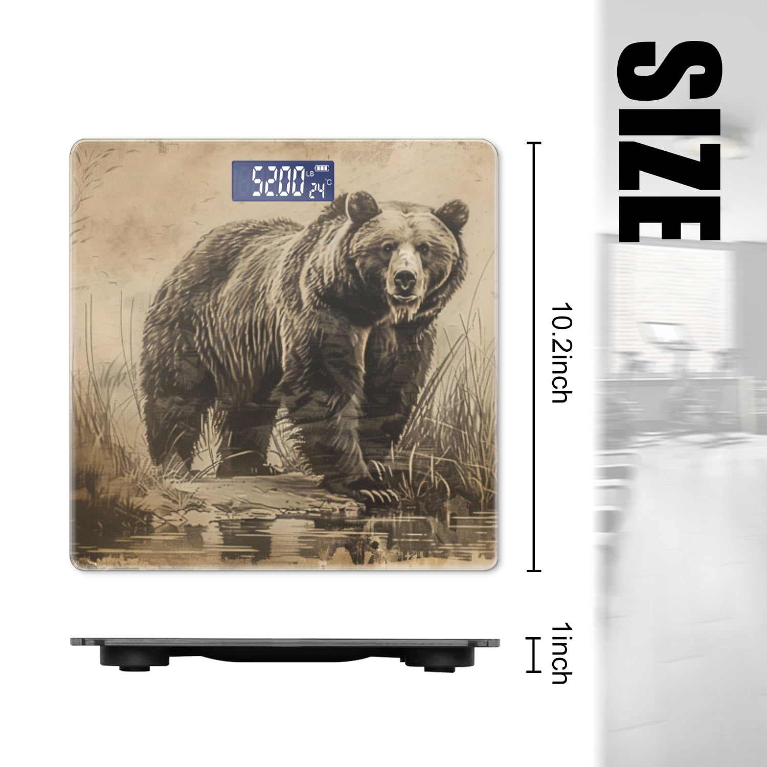 High Precision Body Weight Scale Smart Bathroom Scales with Large LCD Display(400lbs),Decorative for Bedroom-Vintage Illustration Of Old Grizzly Bear Standing In The Water