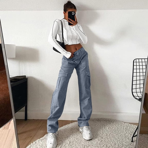 Women's High Waist Cargo Jeans Straight Wide Leg Baggy Casual Pants with Multiple Pockets Dark Gray XL