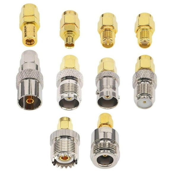 Fawoonu 10-Piece SMA Adapter Kit with Gold-Plated Connectors for N, BNC, UHF, TNC, MCX, SMB, F, TV, and RP-SMA Interfaces, Ideal for Ham Radio and Wireless Devices