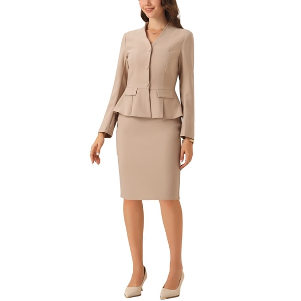 Conjuntos de trajes para mujeres INSPIRE CHIC, atuendos de negocios, blazer peplum sin cuello, falda lápiz formal, conjunto de 2 piezas, XL caqui